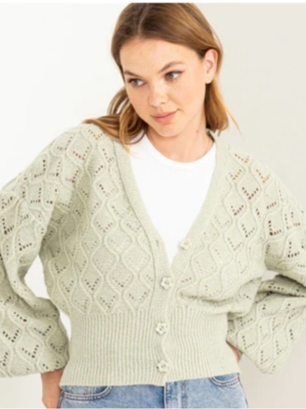 Anthropologie HYFVE Keston Reagan Pointelle Cardigan Sweater Sage Size L NWT